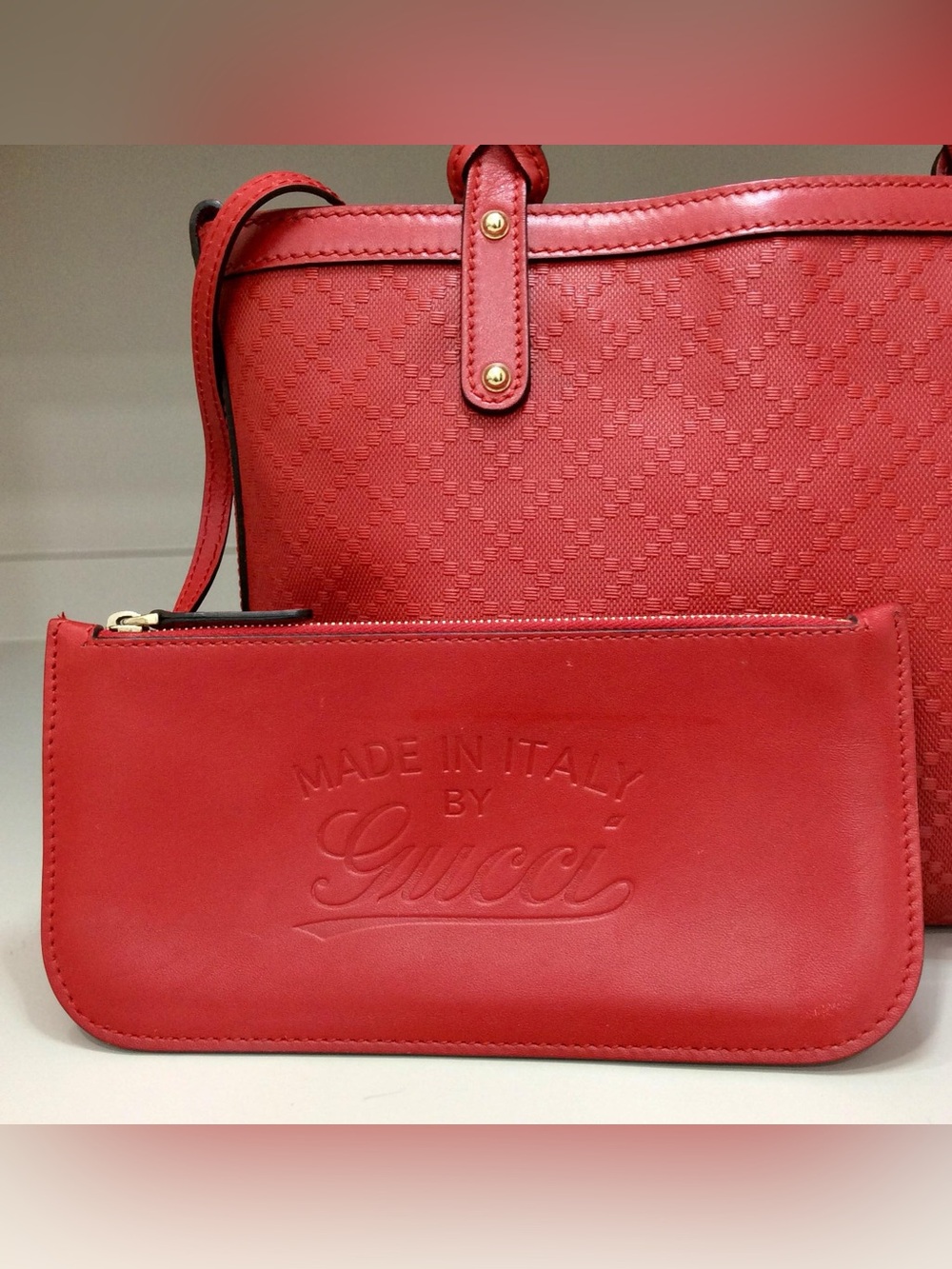 Authentic Gucci Small Diamante Craft Tote Canvas Leather with Pouch Red Bag - Picture 2 of 16